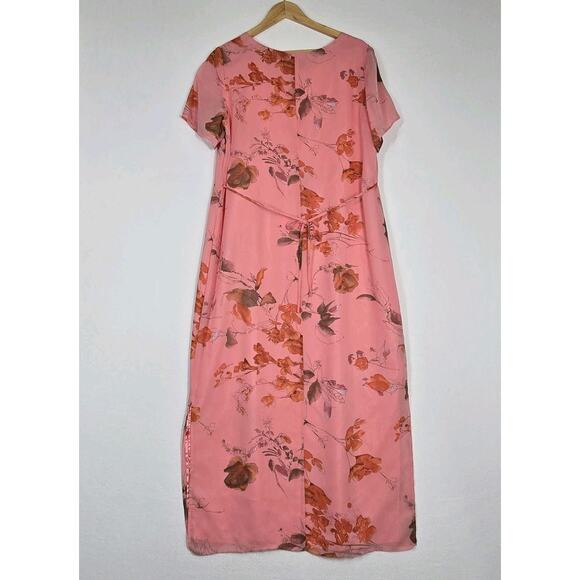 VTG Norm Thompson Maxi Dress Sz L Pink Peach Floral Chiffon Lined Short Sleeve - Picture 8 of 16